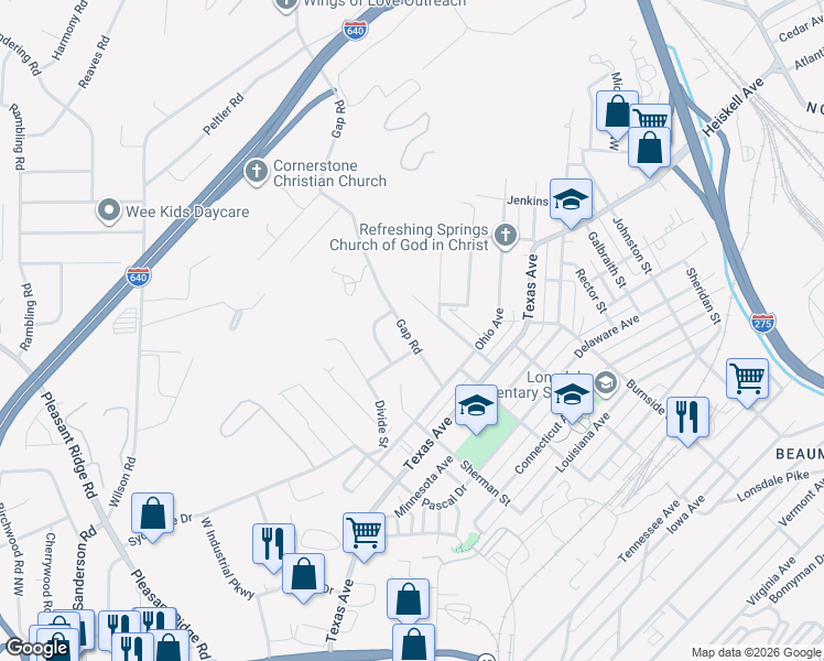 map of restaurants, bars, coffee shops, grocery stores, and more near 3401 Gap Road in Knoxville