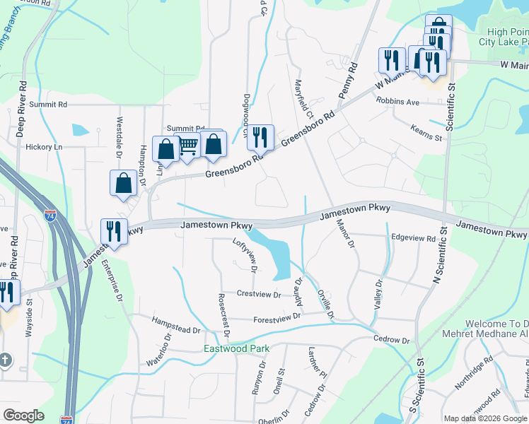 map of restaurants, bars, coffee shops, grocery stores, and more near 230 Crestwood Circle in High Point