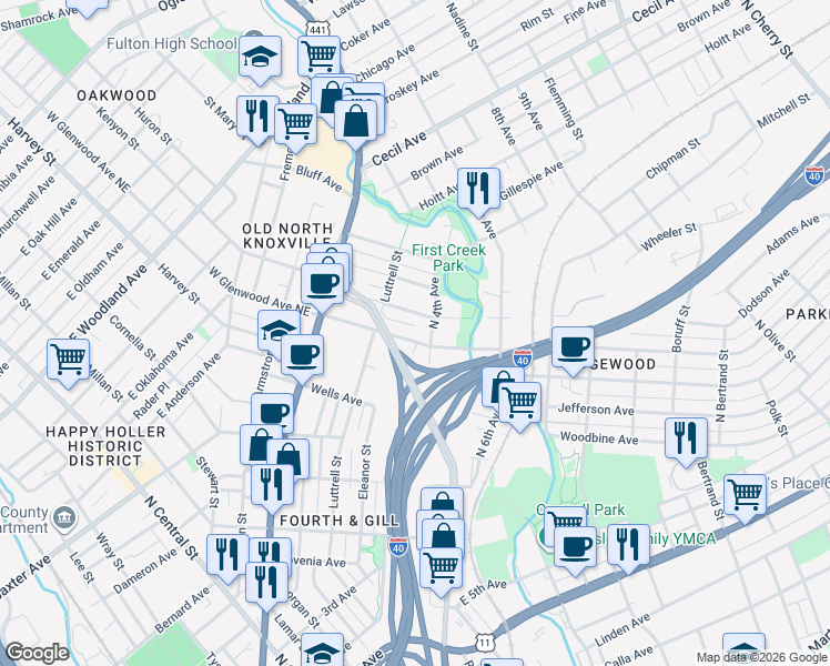 map of restaurants, bars, coffee shops, grocery stores, and more near 1319 North 4th Avenue in Knoxville