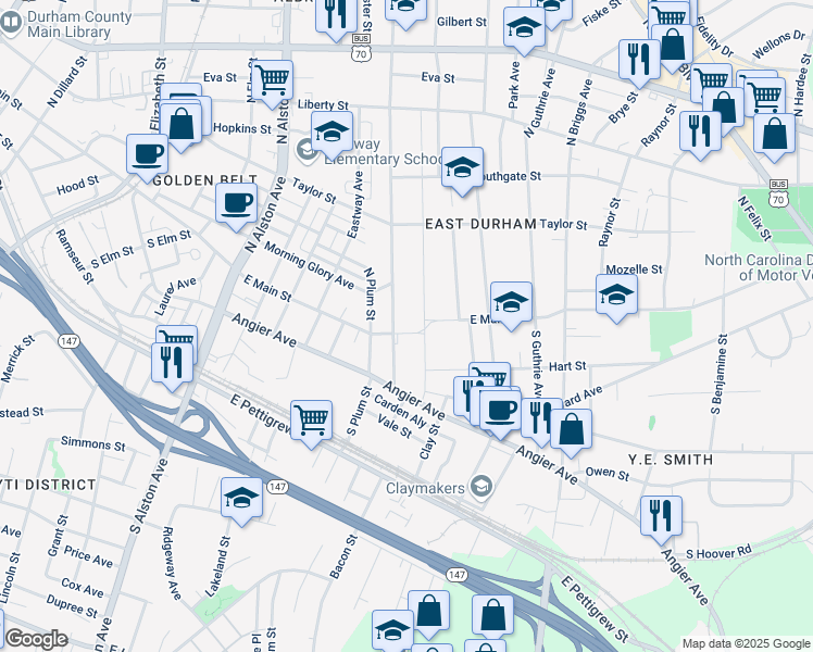 map of restaurants, bars, coffee shops, grocery stores, and more near 103 South Maple Street in Durham