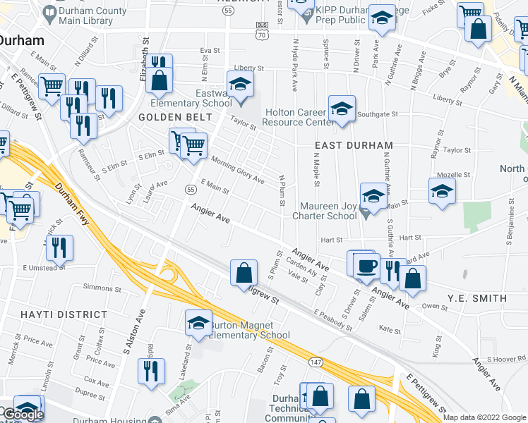 map of restaurants, bars, coffee shops, grocery stores, and more near 103 Young Avenue in Durham