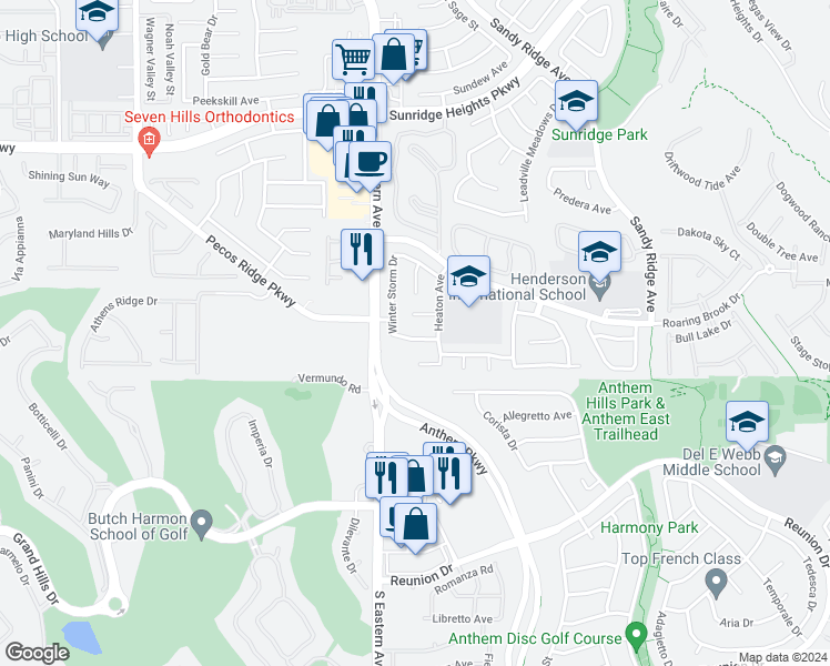 map of restaurants, bars, coffee shops, grocery stores, and more near 2590 Old Corral Road in Henderson