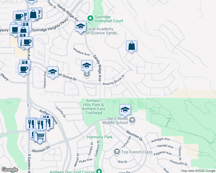 map of restaurants, bars, coffee shops, grocery stores, and more near 2290 Bull Lake Drive in Henderson