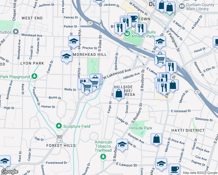 map of restaurants, bars, coffee shops, grocery stores, and more near 800 Fargo Street in Durham