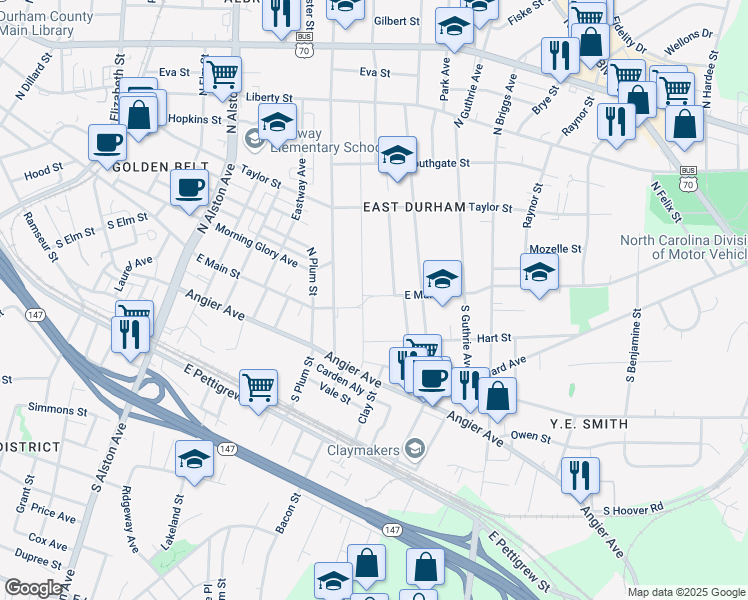 map of restaurants, bars, coffee shops, grocery stores, and more near 104 North Maple Street in Durham