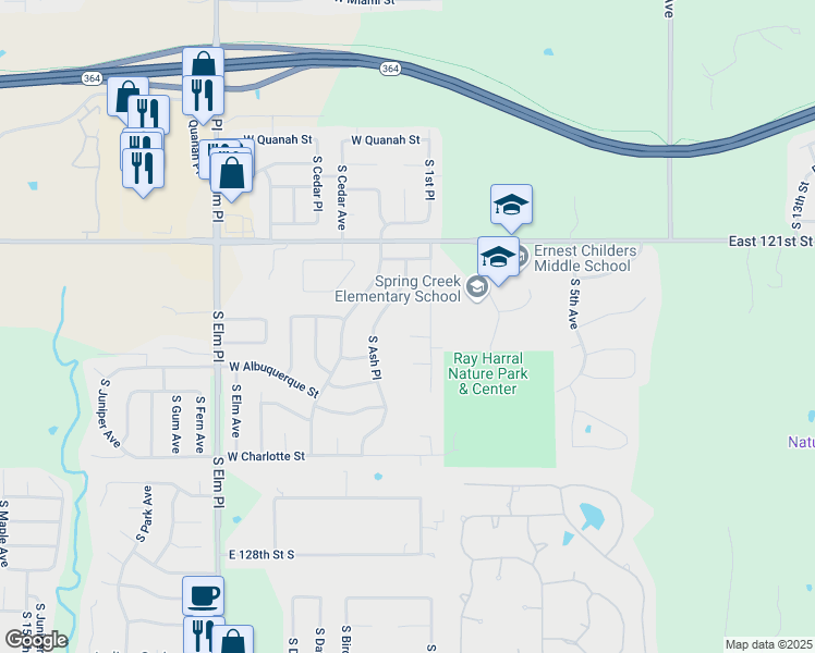 map of restaurants, bars, coffee shops, grocery stores, and more near 108 West Winston Court in Broken Arrow