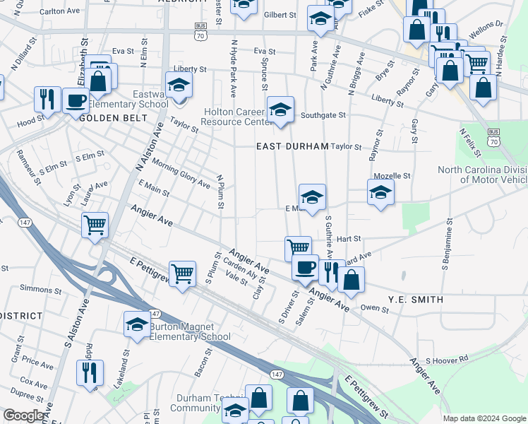 map of restaurants, bars, coffee shops, grocery stores, and more near 104 North Maple Street in Durham