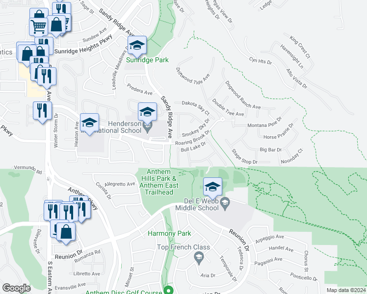 map of restaurants, bars, coffee shops, grocery stores, and more near 2290 Bull Lake Drive in Henderson