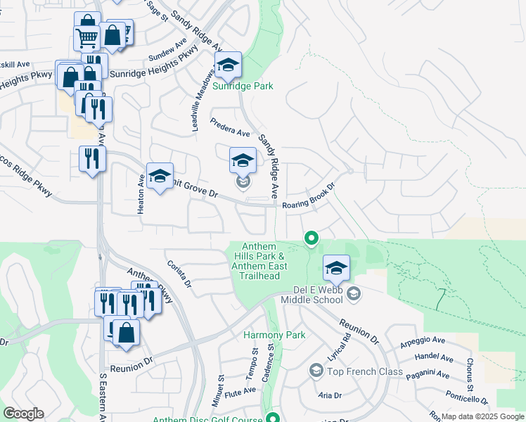 map of restaurants, bars, coffee shops, grocery stores, and more near 2300 Cut Bank Trail in Henderson