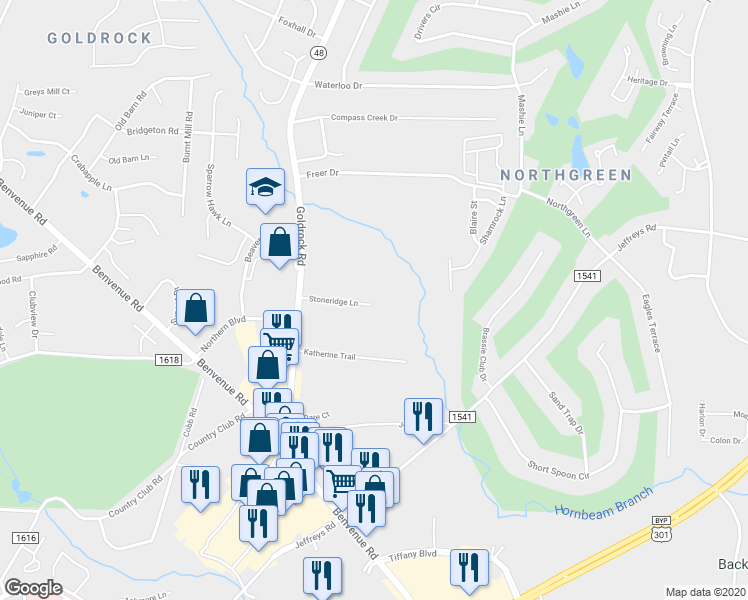 map of restaurants, bars, coffee shops, grocery stores, and more near 1200 Stoneridge Lane in Rocky Mount