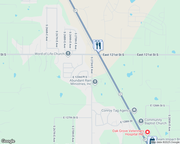 map of restaurants, bars, coffee shops, grocery stores, and more near 12345 South 272nd Avenue in Coweta