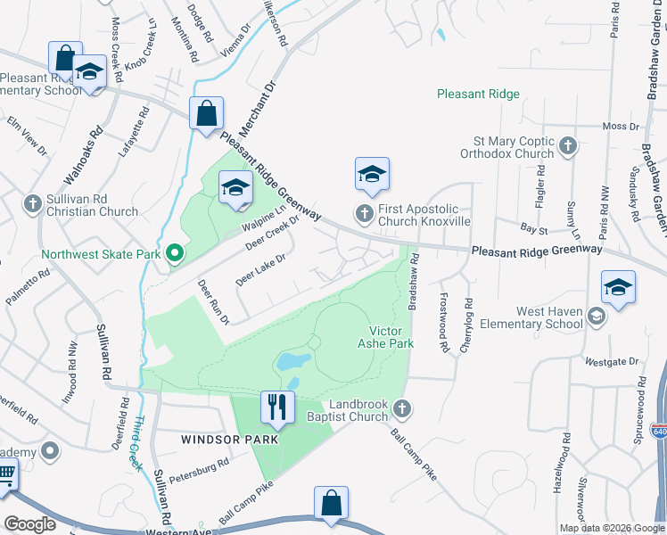 map of restaurants, bars, coffee shops, grocery stores, and more near 3510 Tupelo Way in Knoxville