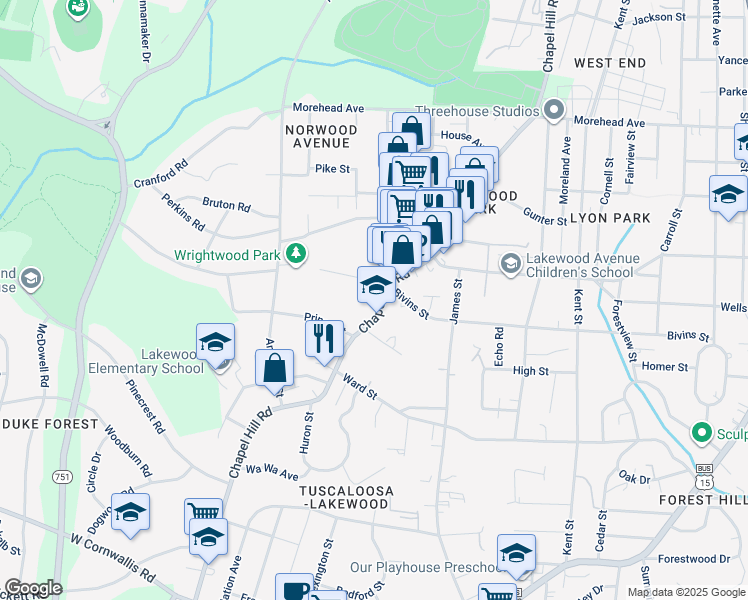 map of restaurants, bars, coffee shops, grocery stores, and more near 2106 Chapel Hill Road in Durham