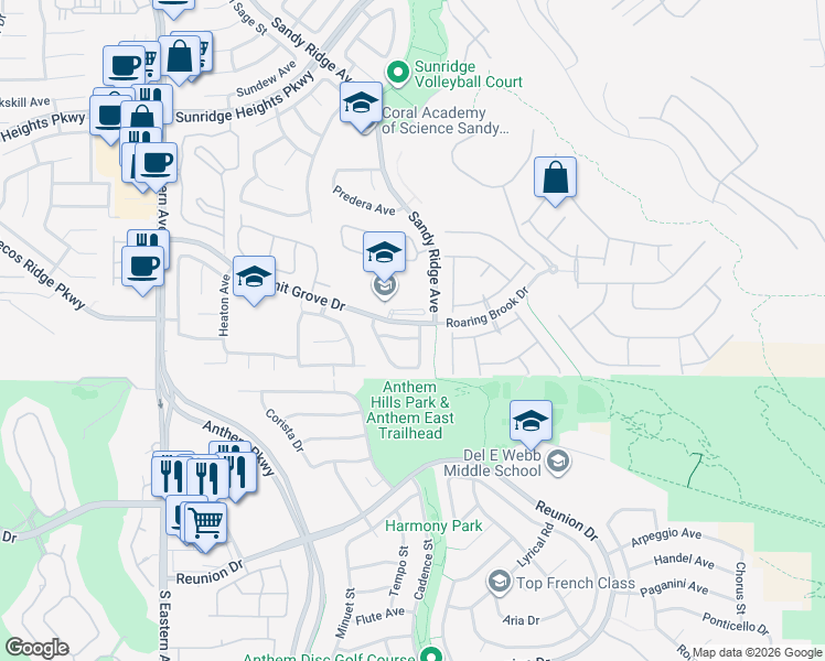 map of restaurants, bars, coffee shops, grocery stores, and more near 2302 Cut Bank Trail in Henderson