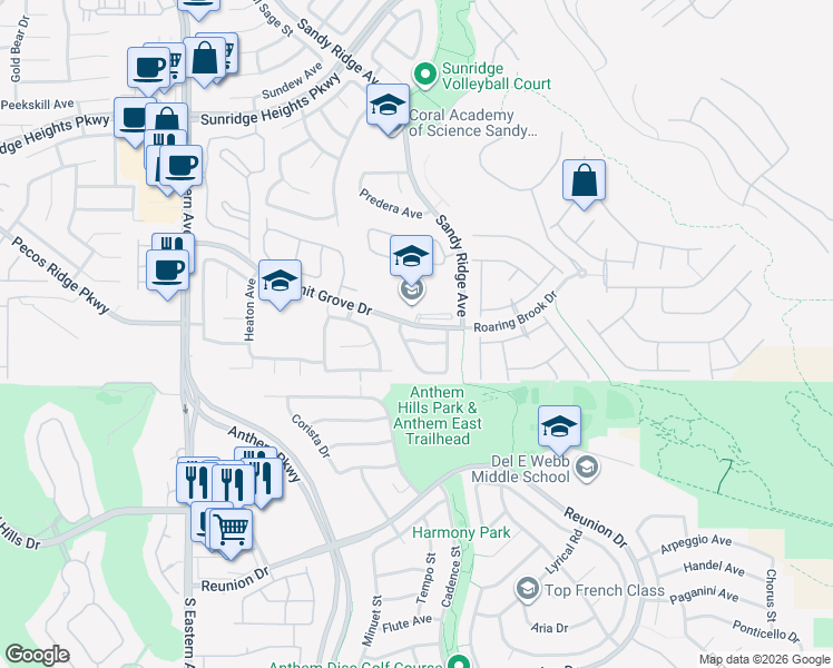 map of restaurants, bars, coffee shops, grocery stores, and more near 2328 Silver Crew Pass in Henderson