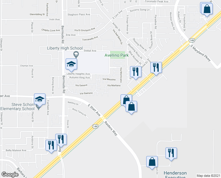 map of restaurants, bars, coffee shops, grocery stores, and more near 1192 Via Dimartini in Henderson