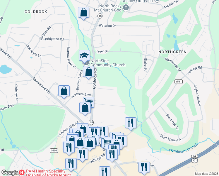 map of restaurants, bars, coffee shops, grocery stores, and more near 1225 Stoneridge Lane in Rocky Mount