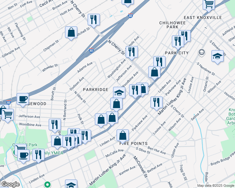 map of restaurants, bars, coffee shops, grocery stores, and more near 2412 Woodbine Avenue in Knoxville