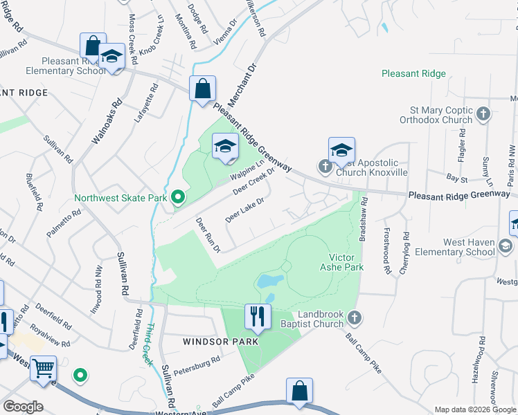 map of restaurants, bars, coffee shops, grocery stores, and more near 3106 Wood Duck Lane in Knoxville