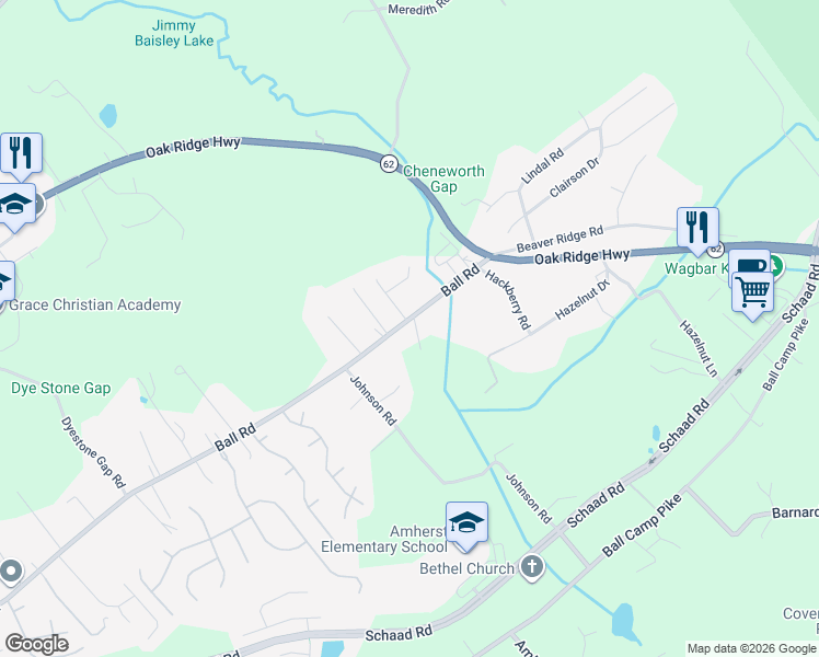 map of restaurants, bars, coffee shops, grocery stores, and more near 4964 Ball Road in Knoxville