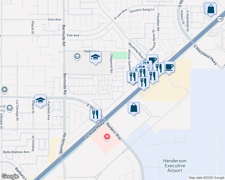 map of restaurants, bars, coffee shops, grocery stores, and more near 1192 Via Dimartini in Henderson