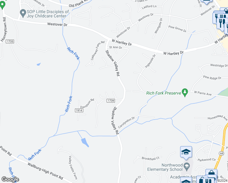 map of restaurants, bars, coffee shops, grocery stores, and more near 2233 Shadow Valley Road in High Point