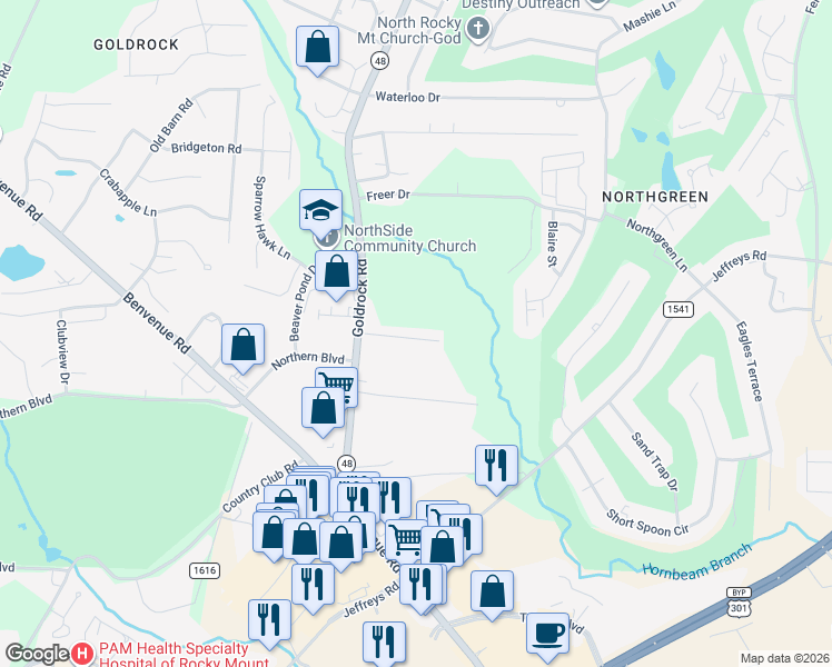 map of restaurants, bars, coffee shops, grocery stores, and more near 1225 Stoneridge Lane in Rocky Mount