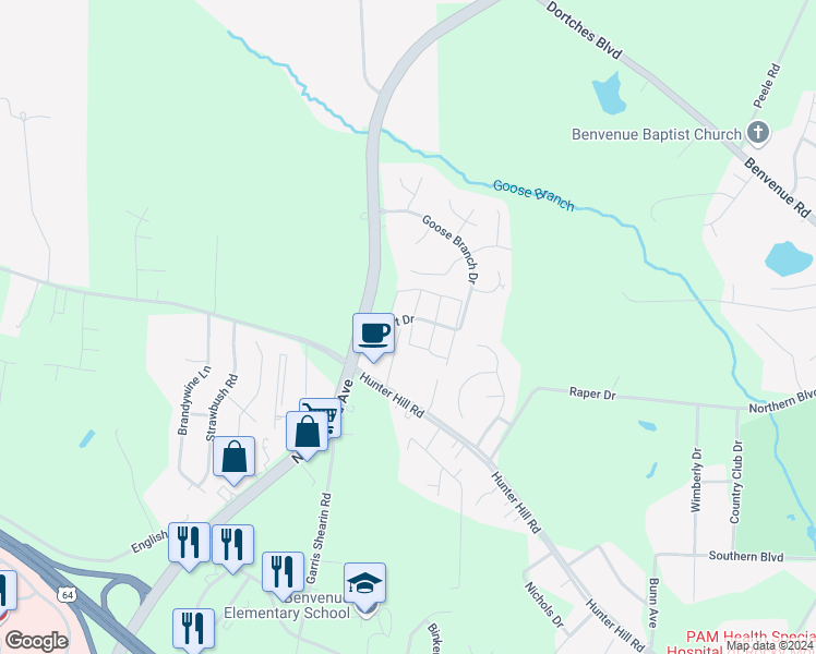 map of restaurants, bars, coffee shops, grocery stores, and more near 2401 Hurt Drive in Rocky Mount