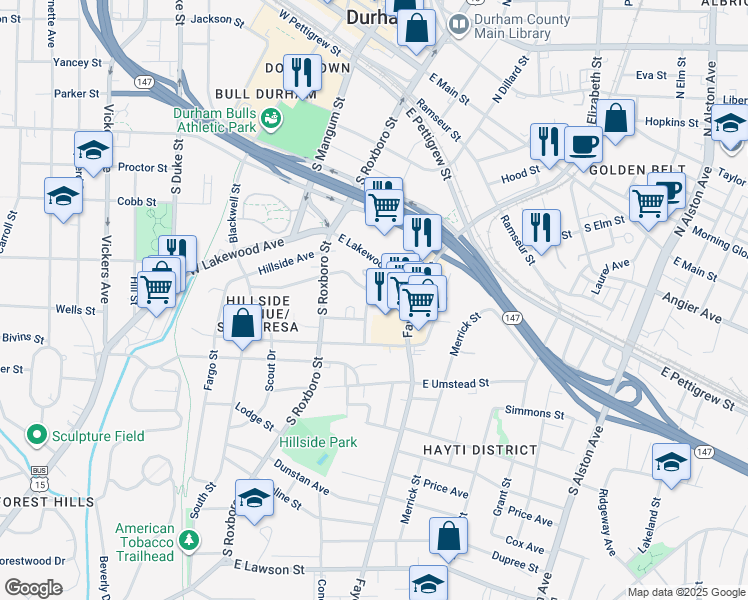 map of restaurants, bars, coffee shops, grocery stores, and more near 209 Memphis Street in Durham