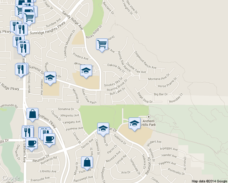 map of restaurants, bars, coffee shops, grocery stores, and more near 2280 Bull Lake Dr in Henderson