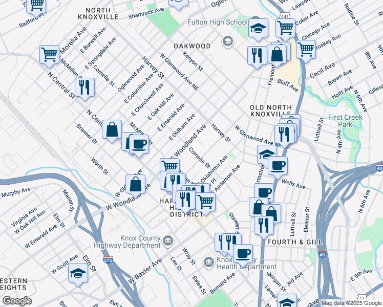map of restaurants, bars, coffee shops, grocery stores, and more near 1417 Cornelia Street in Knoxville