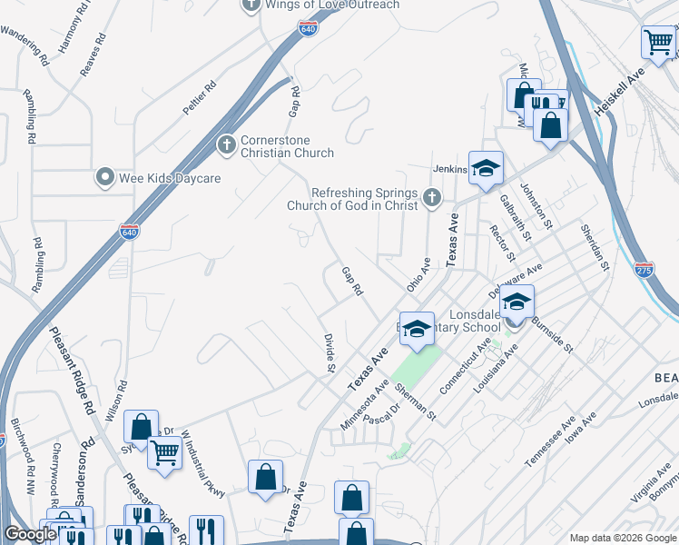 map of restaurants, bars, coffee shops, grocery stores, and more near 3427 Thomas Street in Knoxville