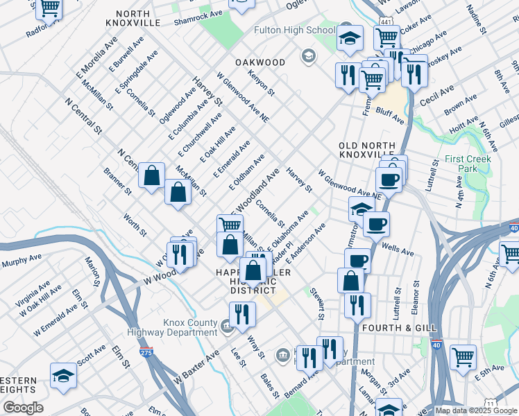 map of restaurants, bars, coffee shops, grocery stores, and more near 1417 Cornelia Street in Knoxville
