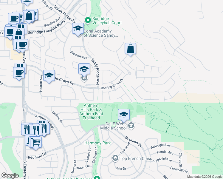 map of restaurants, bars, coffee shops, grocery stores, and more near 2280 Bull Lake Drive in Henderson