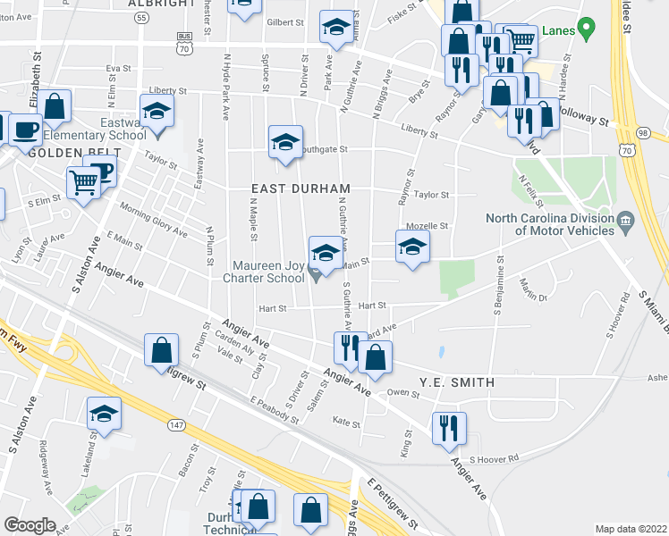 map of restaurants, bars, coffee shops, grocery stores, and more near 2112 East Main Street in Durham