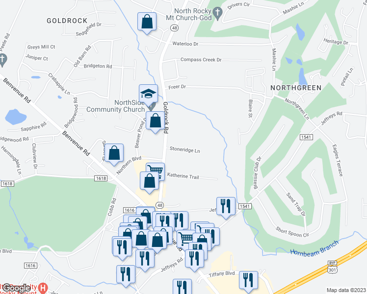 map of restaurants, bars, coffee shops, grocery stores, and more near 1226 Stoneridge Lane in Rocky Mount