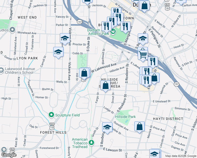 map of restaurants, bars, coffee shops, grocery stores, and more near 800 Fargo Street in Durham