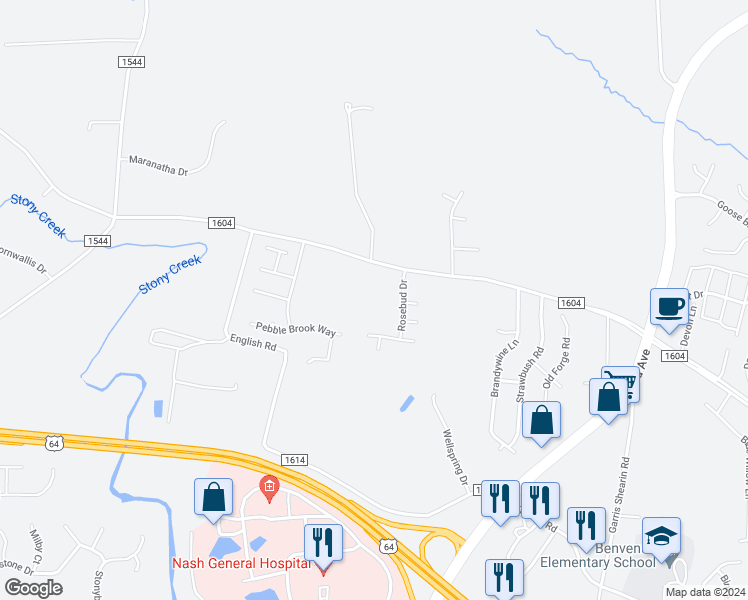 map of restaurants, bars, coffee shops, grocery stores, and more near 7137 Hunter Hill Road in Rocky Mount