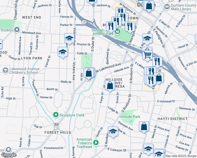 map of restaurants, bars, coffee shops, grocery stores, and more near 800 Fargo Street in Durham