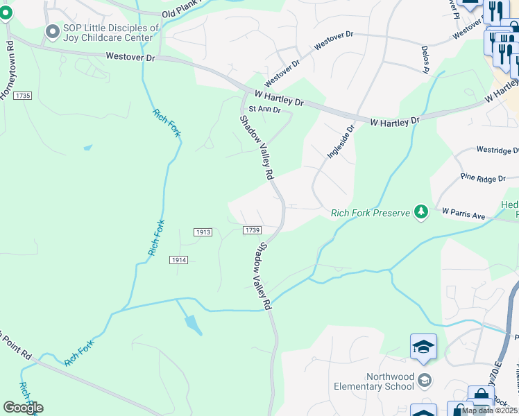 map of restaurants, bars, coffee shops, grocery stores, and more near 2300 Shadow Valley Road in High Point