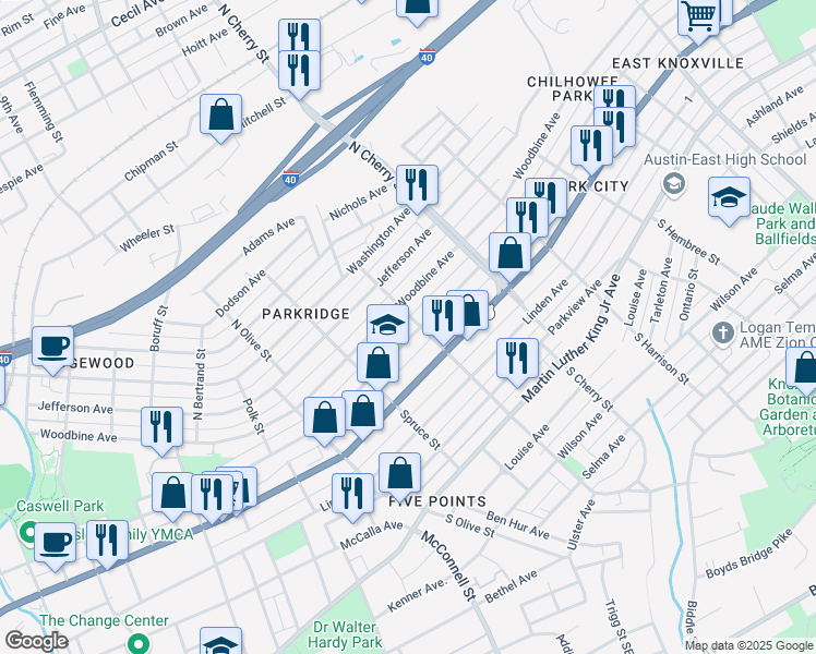 map of restaurants, bars, coffee shops, grocery stores, and more near 522 North Chestnut Street in Knoxville