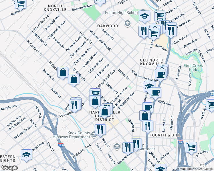map of restaurants, bars, coffee shops, grocery stores, and more near 1434 Cornelia Street in Knoxville