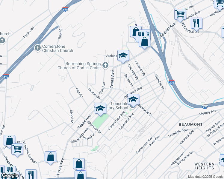 map of restaurants, bars, coffee shops, grocery stores, and more near 1219 Texas Avenue in Knoxville