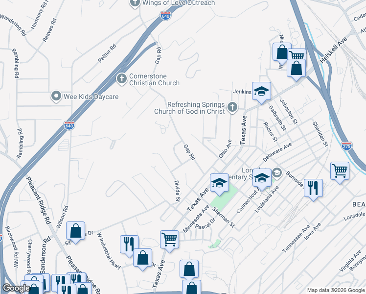 map of restaurants, bars, coffee shops, grocery stores, and more near 3427 Thomas Street in Knoxville