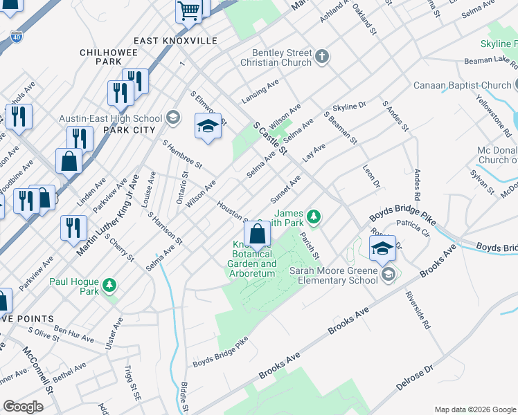 map of restaurants, bars, coffee shops, grocery stores, and more near 2912 Hillside Avenue in Knoxville