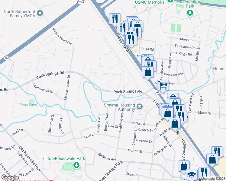 map of restaurants, bars, coffee shops, grocery stores, and more near 528 Rock Springs Road in Smyrna
