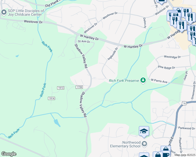 map of restaurants, bars, coffee shops, grocery stores, and more near 712 West Parris Avenue in High Point