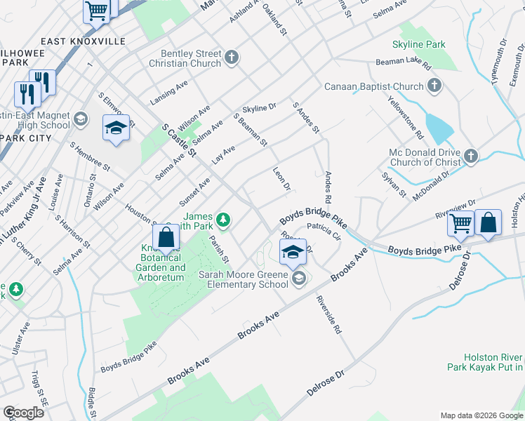 map of restaurants, bars, coffee shops, grocery stores, and more near 3115 Landview Drive in Knoxville