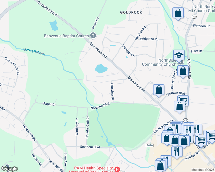 map of restaurants, bars, coffee shops, grocery stores, and more near 1412 Clubview Drive in Rocky Mount