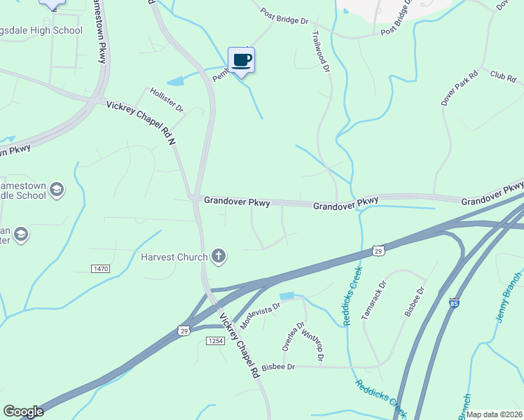 map of restaurants, bars, coffee shops, grocery stores, and more near 5105 Grandover Parkway in Greensboro